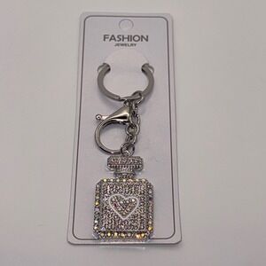 Sparkling Rhinestone‎ Perfume Bottle Keychain Heart Charm Silver Tone Fashion